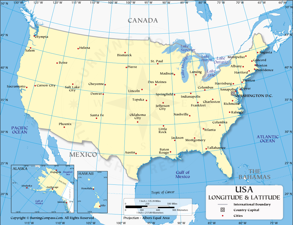 U.S Latitude and Longitude Map with Cities