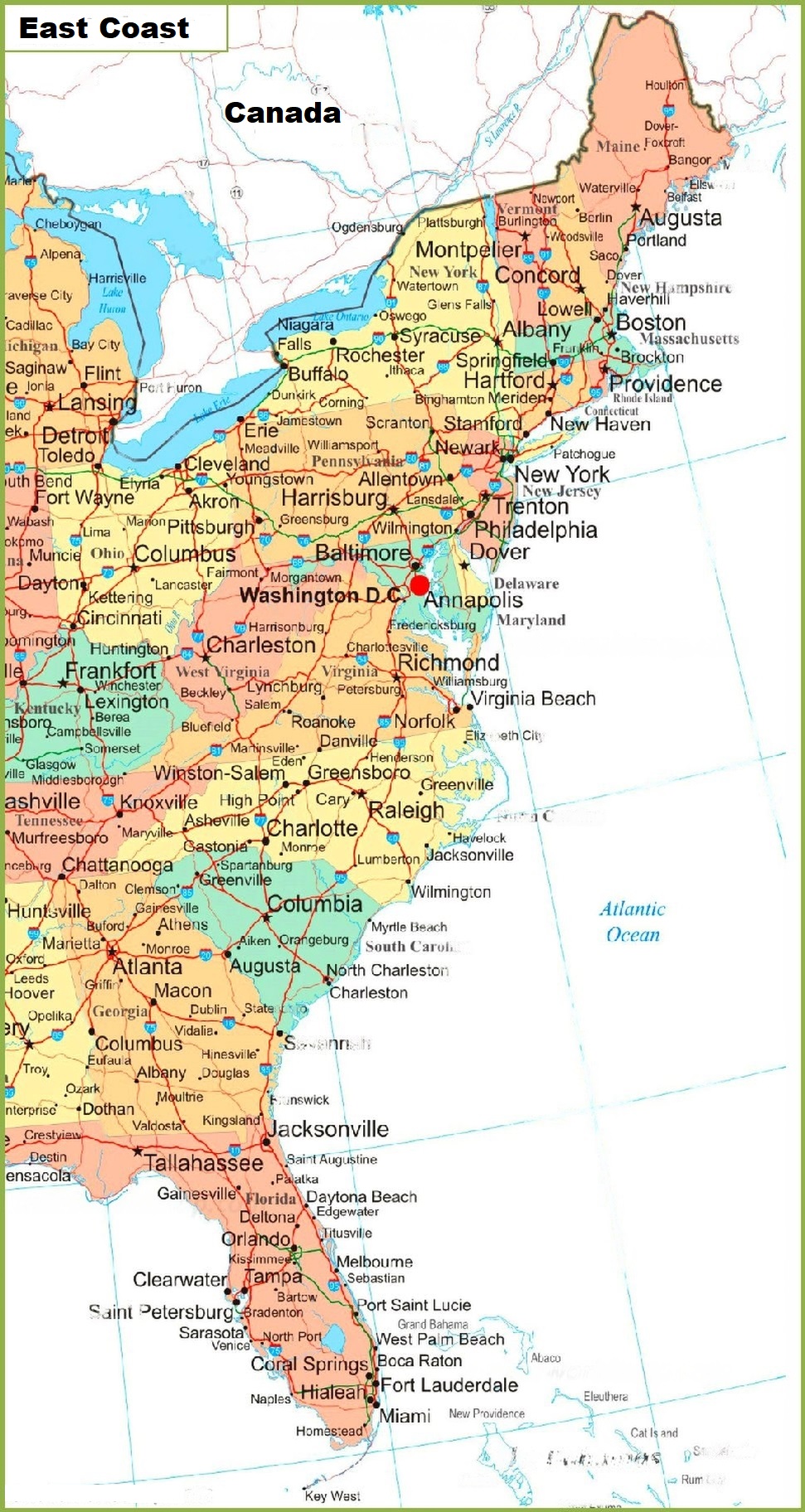 East Coast Map of USA