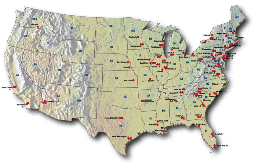 Free Printable United States Nuclear Power Plants Map Map Of Worlds   U.S Nuclear Power Plants Map 1024x663 